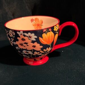 Oversized Floral Ceramic Tea Cup / Coffee Mug Red Handle from Potter’s Studio